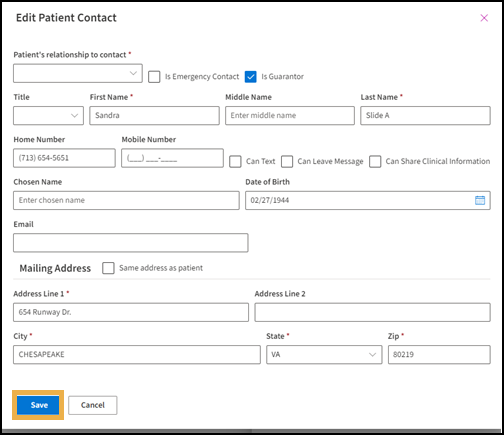 Edit Patient contact window with a yellow highlight box around Save.